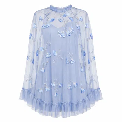 Mac Duggal Embellished Mesh A-line Dress With Flared Long Sleeves In Blue