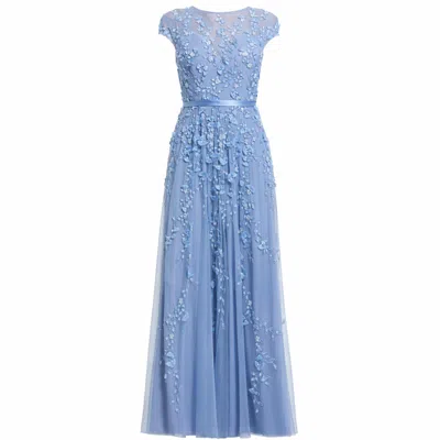 Mac Duggal Floral Embellished Short Sleeve Mesh Gown In Sky Blue
