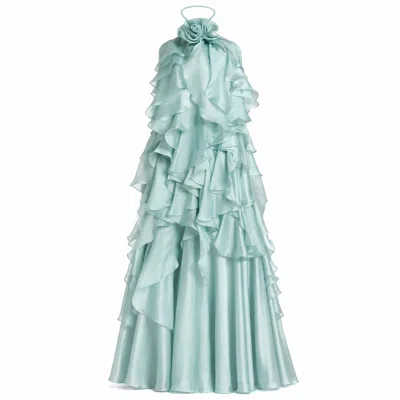 Mac Duggal Organza Halter Neck Open Back Ruffle Gown In Green