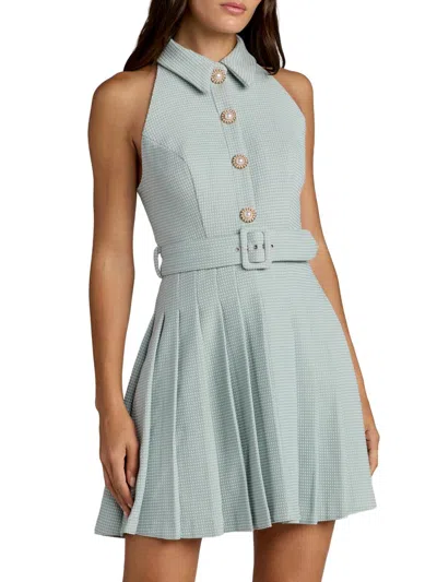 Mac Duggal Boucle Sleeveless Button Up Pleated Mini Dress In Blue