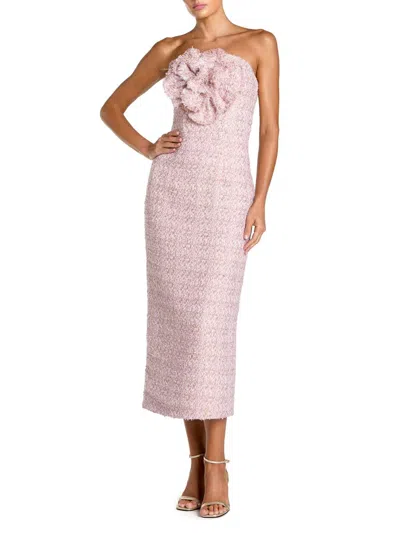 Mac Duggal Boucle Strapless Midi Dress With 3d Flower In Pink