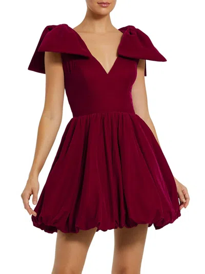 Mac Duggal Shoulder Bow Velvet Bubble Mini Dress In Berry