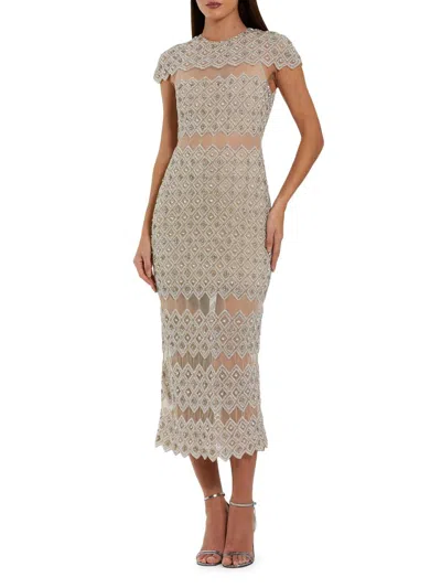 Mac Duggal Beaded Mesh Fitted Midi Dress With Sheer Panels In Neutral