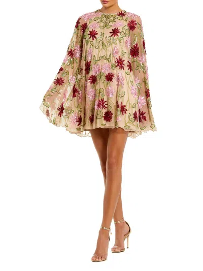 Mac Duggal Cocktail Embellished Floral Mesh Cape Minidress In Multi