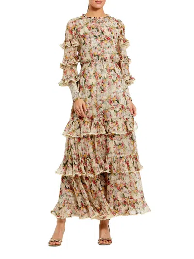 Mac Duggal Beige Floral Tiered Ruffle Midi Dress With Long Sleeves In Multi
