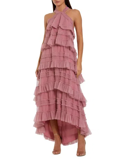 Mac Duggal Dot Mesh Ruffle Halter Neck Ankle Dress In Pink
