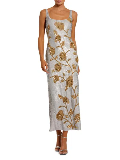 Mac Duggal Sequined Floral Mesh Cocktail Midi Dress In Neutral