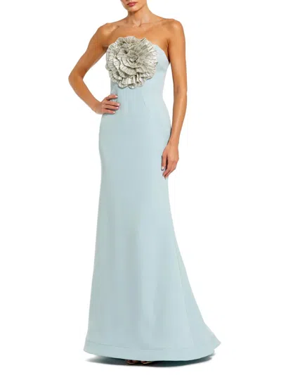 Mac Duggal Crepe Strapless Gown With 3d Rhinestone Flower In Powder Blue