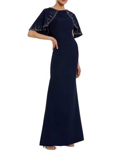 Mac Duggal Navy Crepe High Neck Fitted Gown With Beaded Shawl In Black