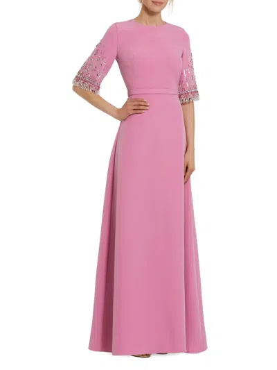 Mac Duggal Crepe A Line Gown With Beaded 3/4 Sleeves In Pink