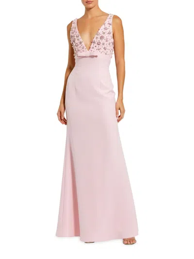 Mac Duggal Crepe Sleeveless Beaded V Neck Gown With Bow In Blush