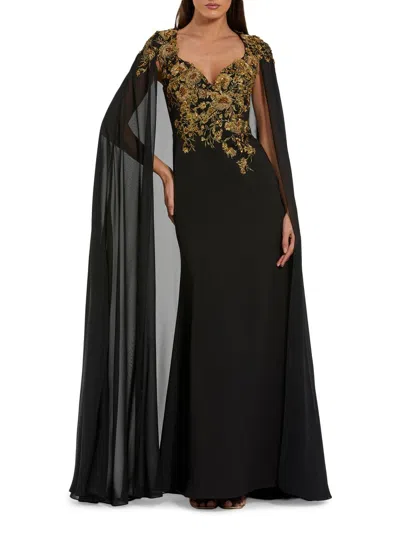 Mac Duggal Embellished Crepe Gown With Chiffon Cape Sleeves In Black