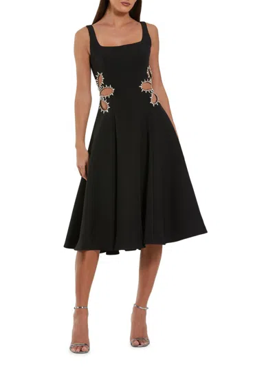 Mac Duggal Sleeveless Crepe Rhinestone Cutout Midi Dress In Black