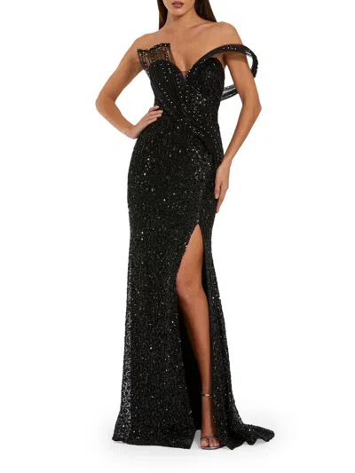 Mac Duggal Embellished Strapless High Slit Drape Gown In Black