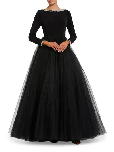 Mac Duggal Embellished Jersey Long Sleeve Ballgown With Tulle Skirt In Black