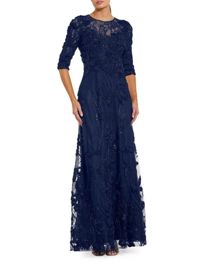 Mac Duggal Beaded Floral Applique Lace Gown In Blue