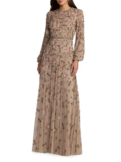 Mac Duggal Women's Embellished Blouson Sleeve Tulle Gown In Taupe