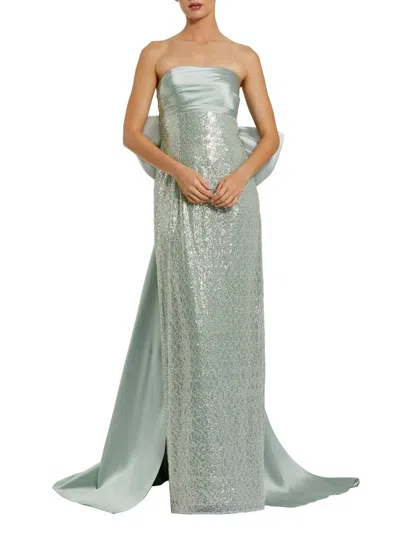 Mac Duggal Strapless Embellished Gown With Back Bow Detail In Green