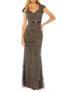 Mac Duggal Cap Sleeve Sweetheart Neckline Beaded Sequin Column Gown In Charcoal