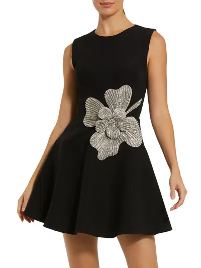 Mac Duggal Crepe Sleeveless Rhinestone Flower Detail Mini Dress In Black