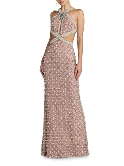 Mac Duggal Sleeveless Halter Cutout Pearl Embellished Gown In Pink