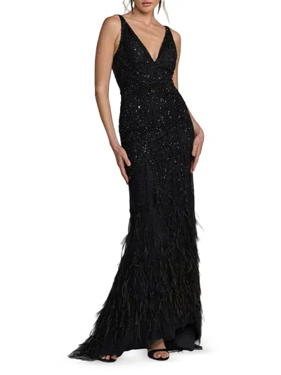 Mac Duggal Embellished Feather Detail Hem Gown In Multi