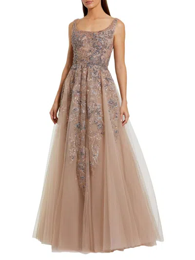 Mac Duggal Hand Embellished Tulle A-line Gown In Metallic
