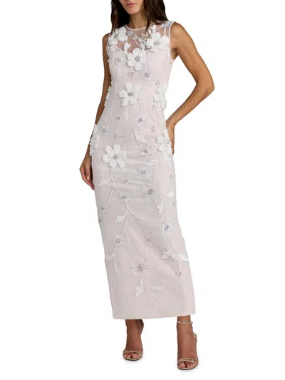 Mac Duggal Embellished Floral Lace Sleeveless Midi Dress In White
