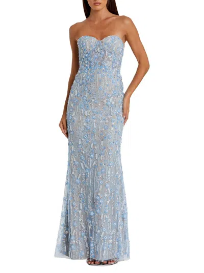 Mac Duggal Embellished Applique Strapless Bustier Gown In Blue