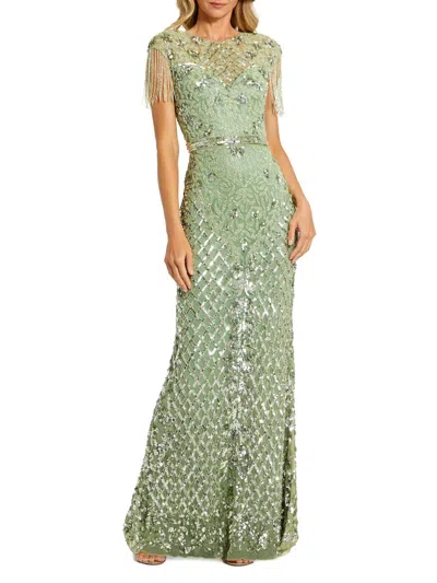 Mac Duggal High Neck Sleeveless Beaded Fringe Fitted Gown In Sage
