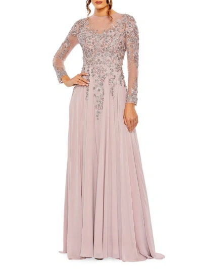 Mac Duggal Women's Embellished Illusion Long-sleeve A-line Gown In Vintage Lilac
