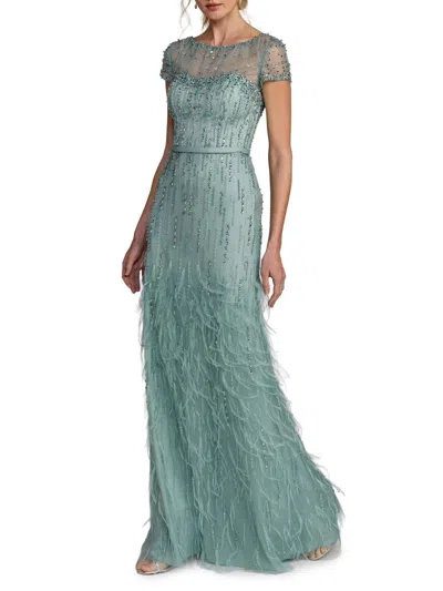 Mac Duggal Embellished Net Short Sleeve Feather Gown In Multi