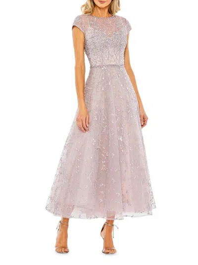 Mac Duggal Embellished High Neck Cap Sleeve A Line Dress In Neutral