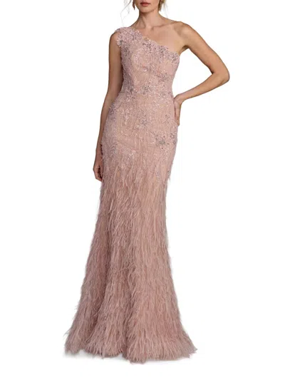 Mac Duggal Embellished Lace One Shoulder Feather Gown In Pink