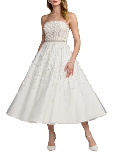 Mac Duggal Embellished Lace Strapless Midi A Line Dress In White