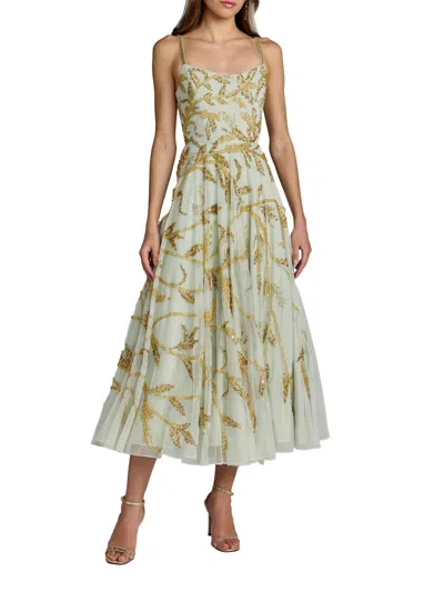 Mac Duggal Embellished Mesh Midi-dress In Green