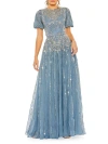 Mac Duggal High Neck Puff Sleeve Embellished A Line Gown In Slate Blue
