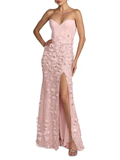 Mac Duggal Floral Satin Strapless Sweetheart Gown With Slit In Pink