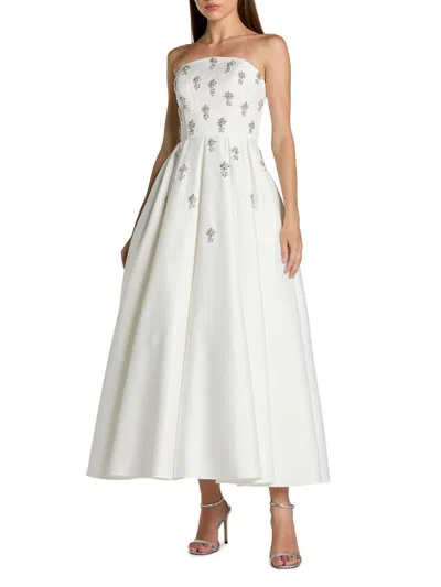 Mac Duggal Crystal Embellished Strapless Satin A-line Dress In White