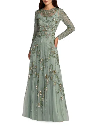 Mac Duggal Embellished Tulle Long Sleeve A Line Gown In Green