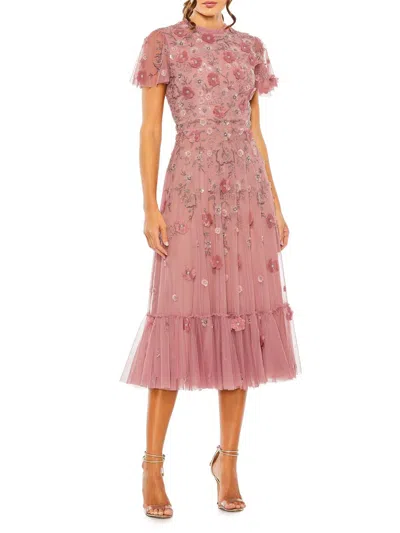 Mac Duggal Floral-embellished Tulle A-line Midi-dress In Pink