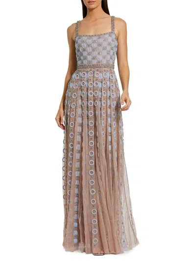 Mac Duggal Sleeveless Embellished Mesh A-line Evening Gown In Multi
