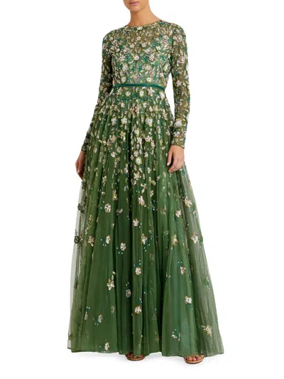 Mac Duggal Petite Embellished High Neck Long Sleeve A-line Gown In Green