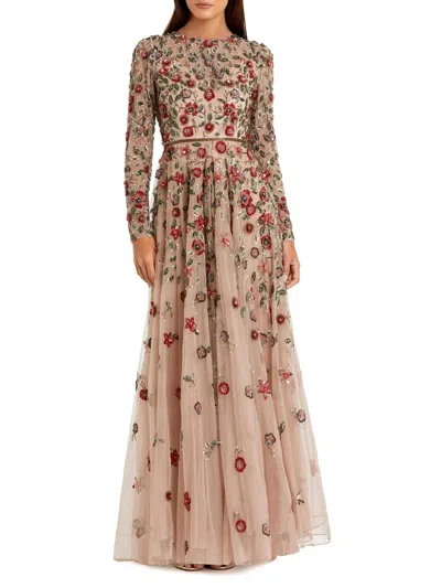 Mac Duggal Embellished High Neck Long Sleeve A Line Gown In Antique Rose