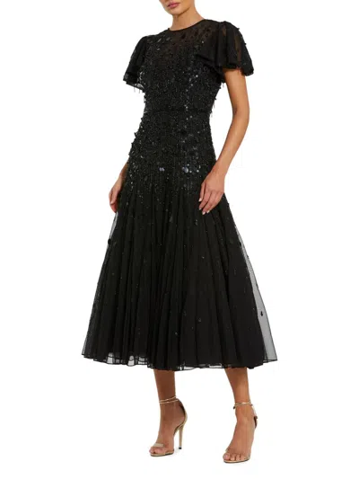 Mac Duggal Black High Neck Flutter Sleeve Embellished Midi Dress