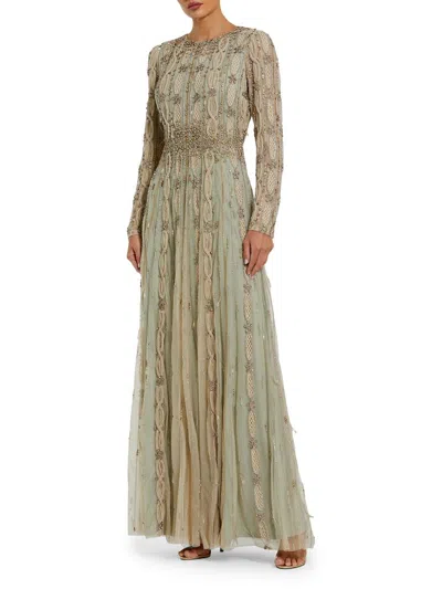Mac Duggal 10077 A Line Long Sleeve Beaded Formal Evening Dress In Green