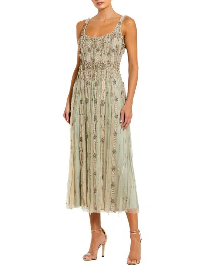 Mac Duggal Embellished Mesh Sleeveless Scoop Neck Midi Dress In Green