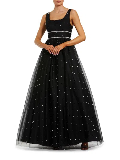 Mac Duggal Pearl Embellished Tulle Sleeveless Ball Gown In Black