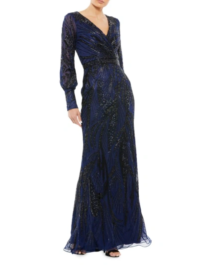 Mac Duggal Women's Embellished Wrap Illusion Bishop-sleeve Gown In Midnight