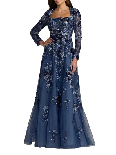 Mac Duggal Blue Embellished Floral A Line Gown In Multi